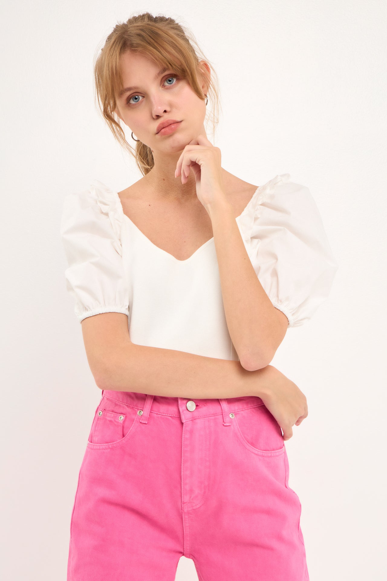 ENGLISH FACTORY - Mixed Media Puff Sleeve Crop Top - TOPS available at Objectrare