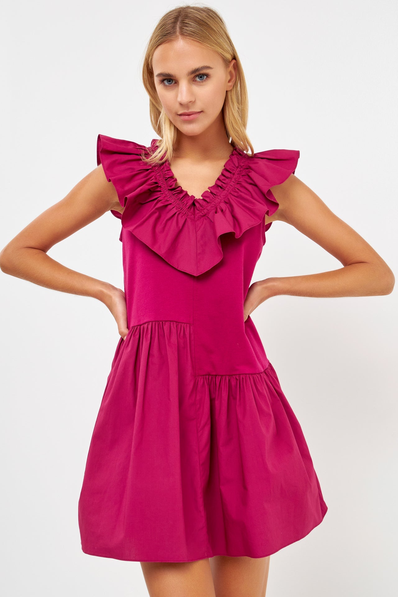 Mixed Media Ruffle Detail Knit Dress