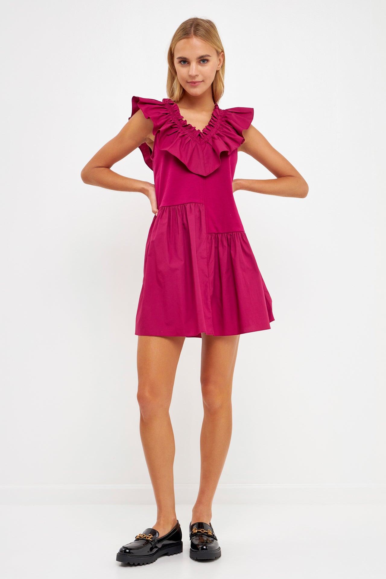 Mixed Media Ruffle Detail Knit Dress
