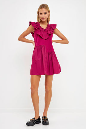 Mixed Media Ruffle Detail Knit Dress
