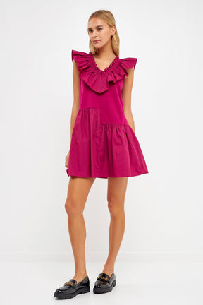 Mixed Media Ruffle Detail Knit Dress