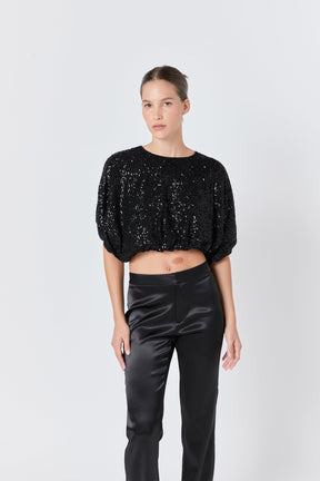 ENDLESS ROSE - Sequins Cropped Puff Top - TOPS available at Objectrare