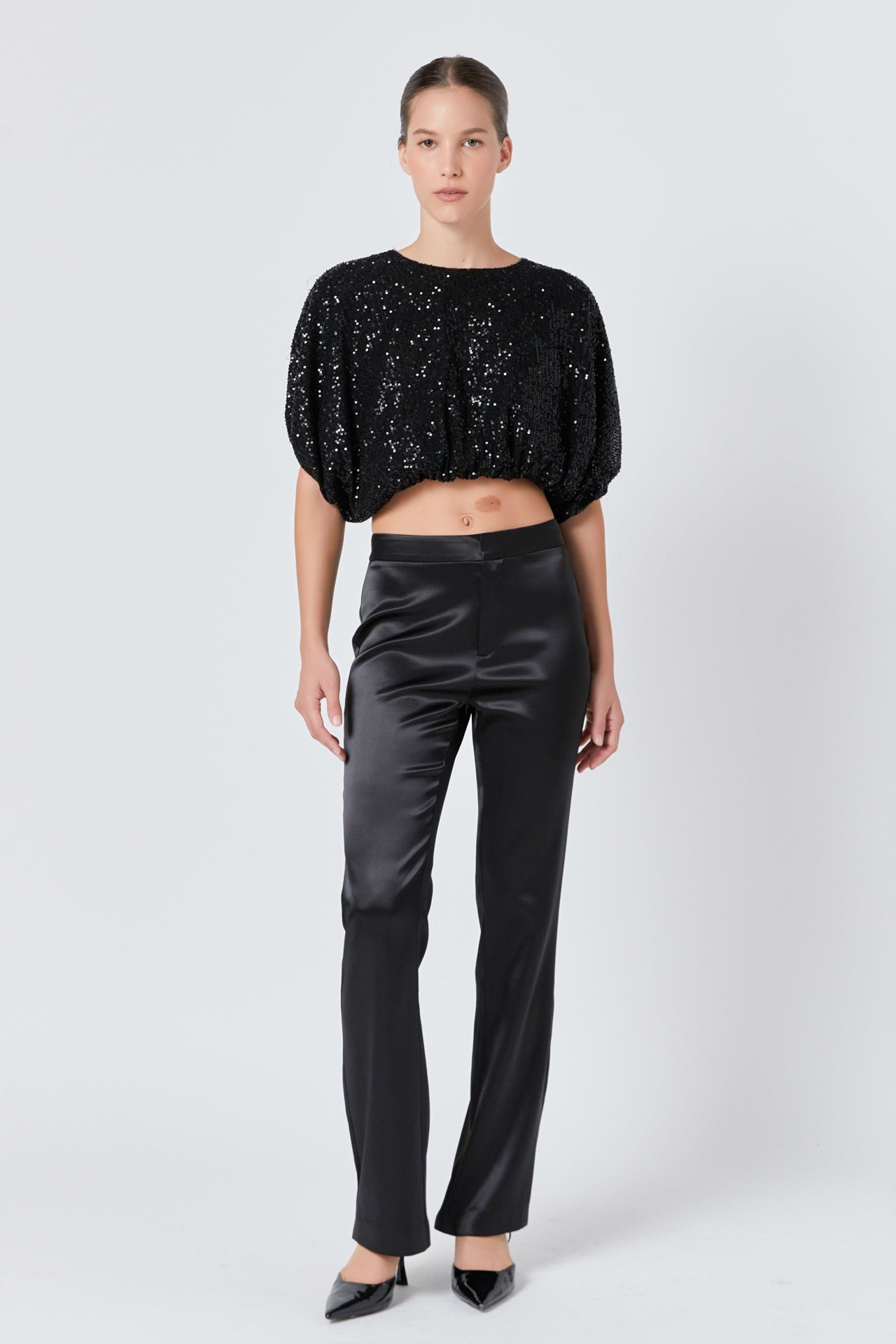 ENDLESS ROSE - Sequins Cropped Puff Top - TOPS available at Objectrare