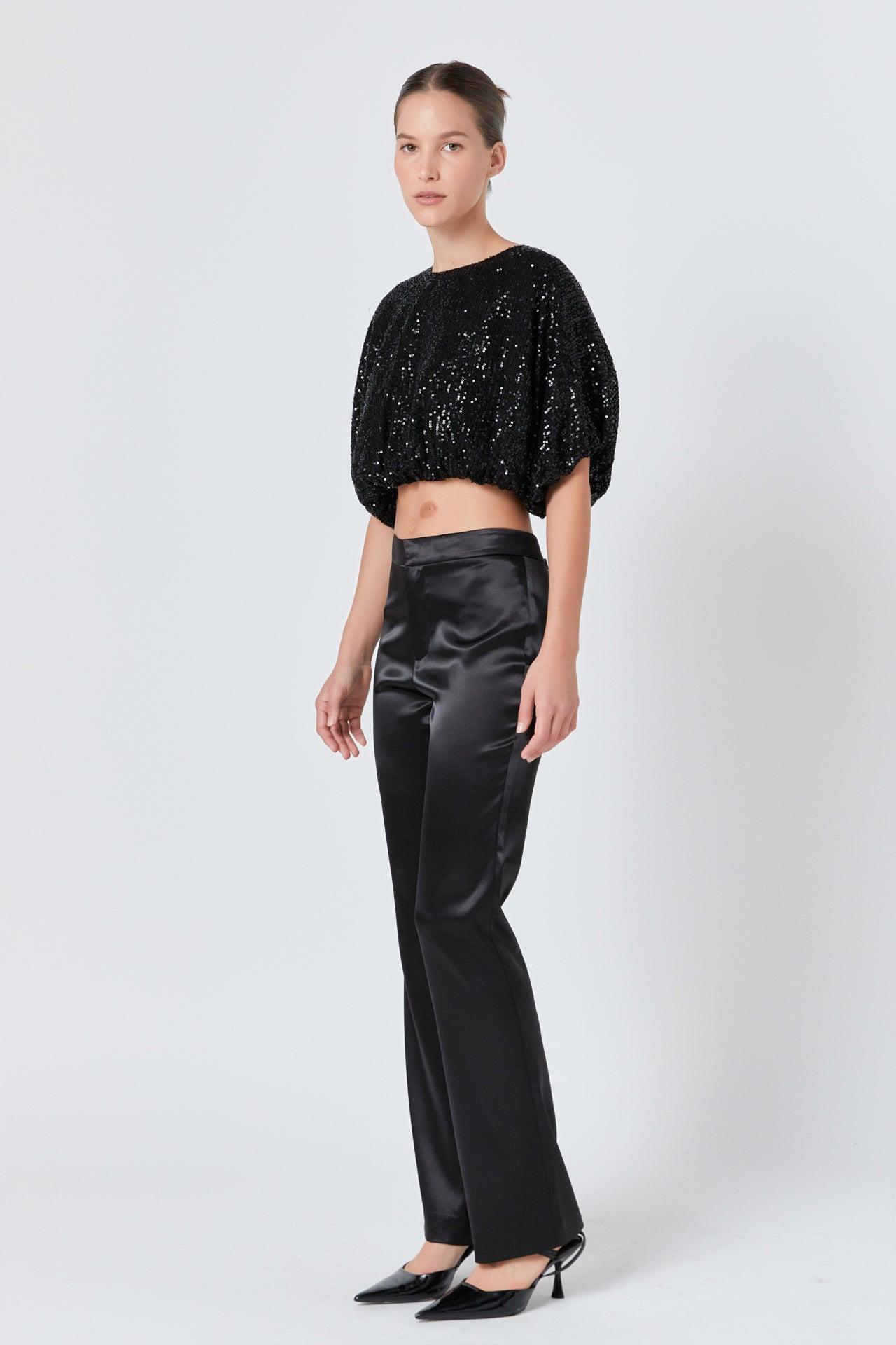 ENDLESS ROSE - Sequins Cropped Puff Top - TOPS available at Objectrare