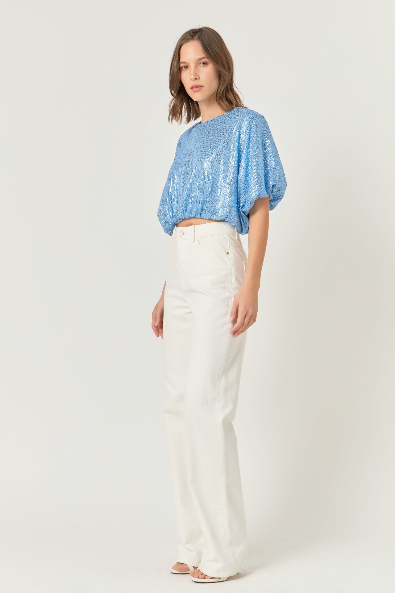 ENDLESS ROSE - Sequins Cropped Puff Top - TOPS available at Objectrare