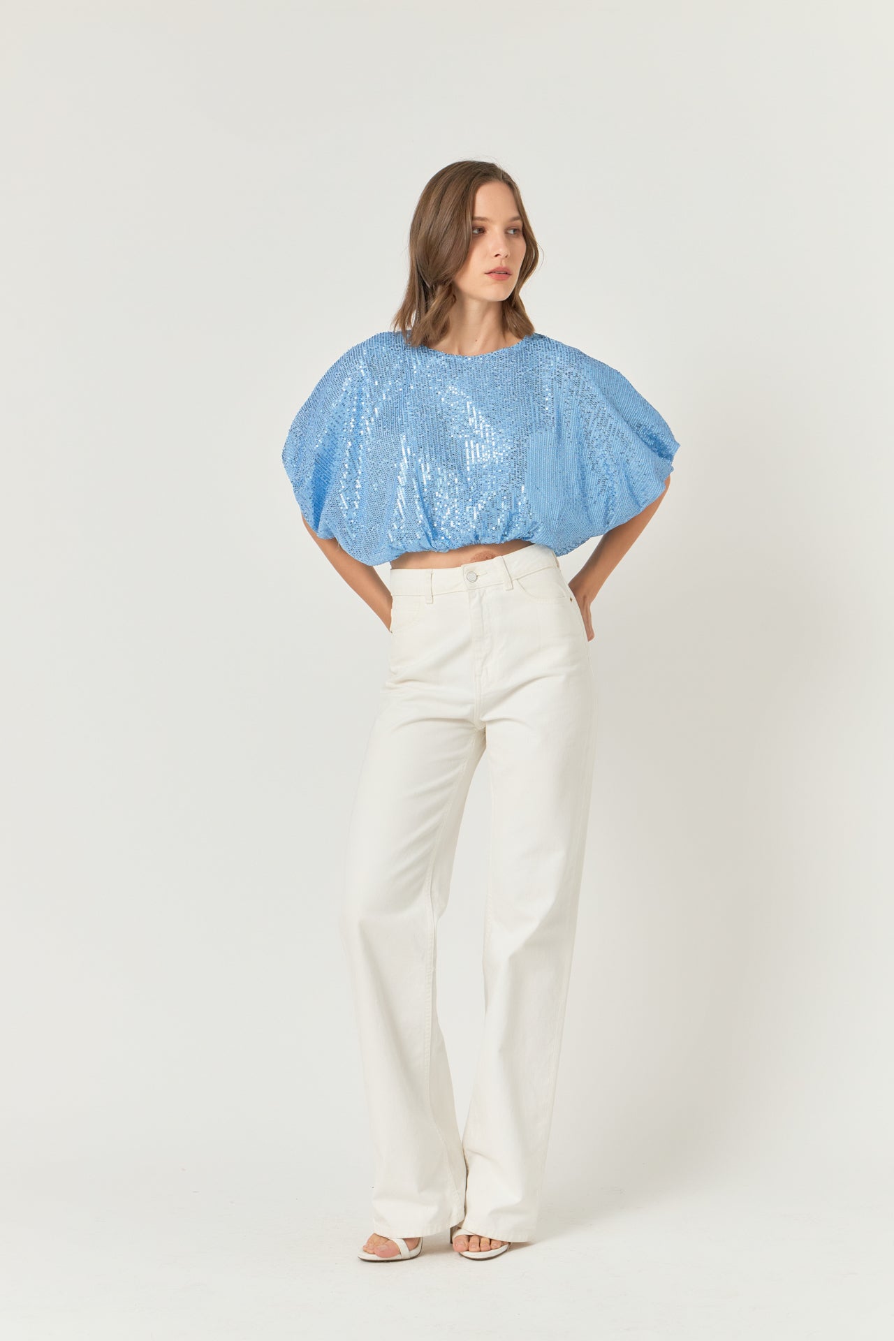 ENDLESS ROSE - Sequins Cropped Puff Top - TOPS available at Objectrare