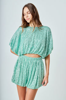 ENDLESS ROSE - Sequins Cropped Puff Top - TOPS available at Objectrare
