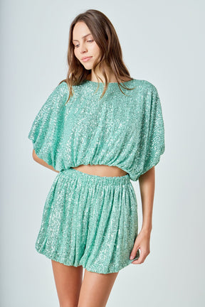 ENDLESS ROSE - Sequins Cropped Puff Top - TOPS available at Objectrare