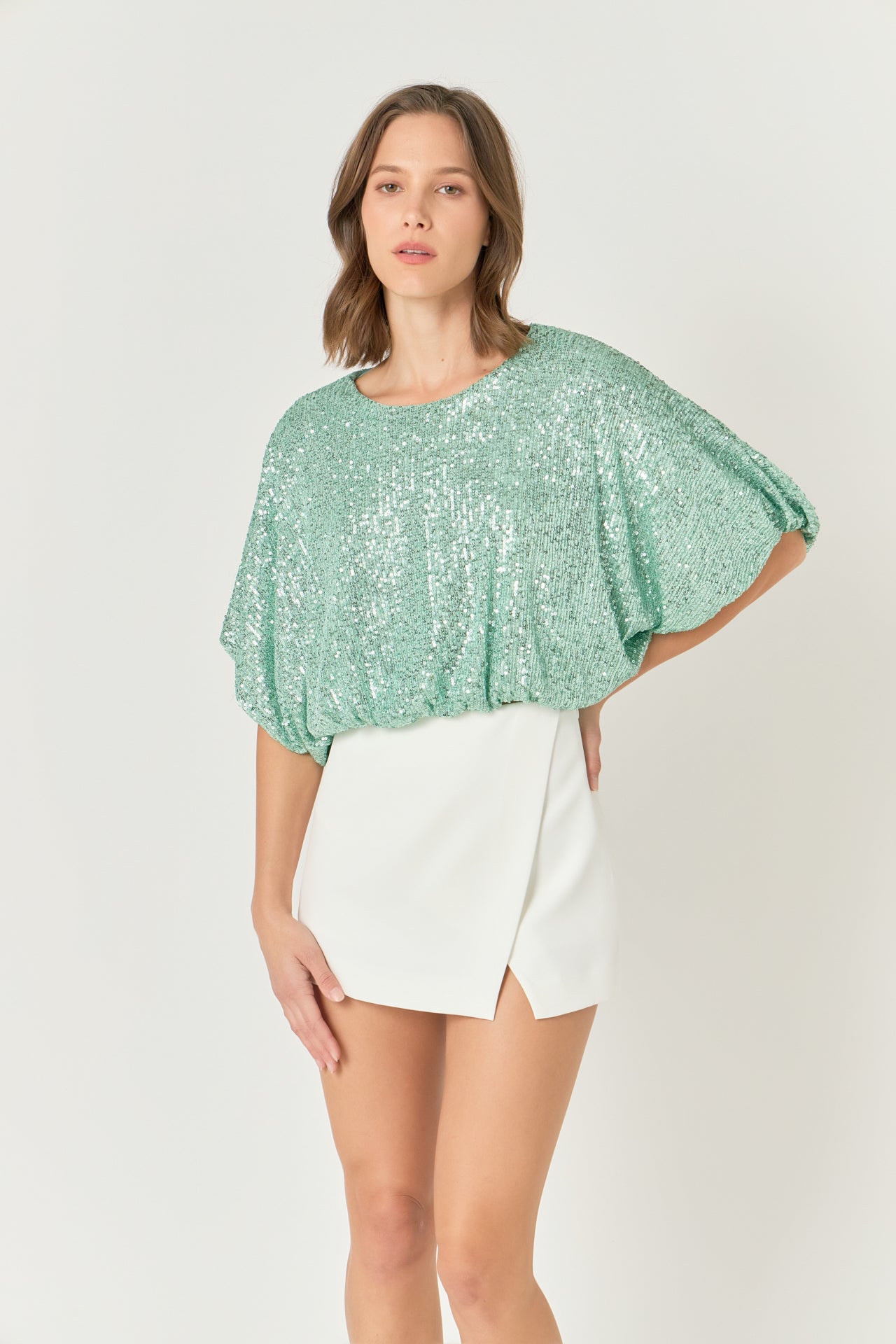 ENDLESS ROSE - Sequins Cropped Puff Top - TOPS available at Objectrare