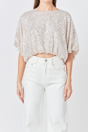 ENDLESS ROSE - Sequins Cropped Puff Top - TOPS available at Objectrare