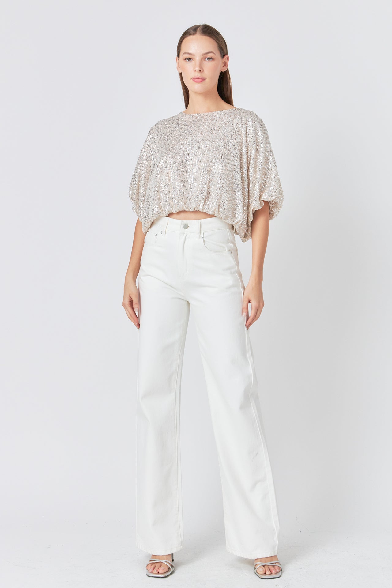 ENDLESS ROSE - Sequins Cropped Puff Top - TOPS available at Objectrare