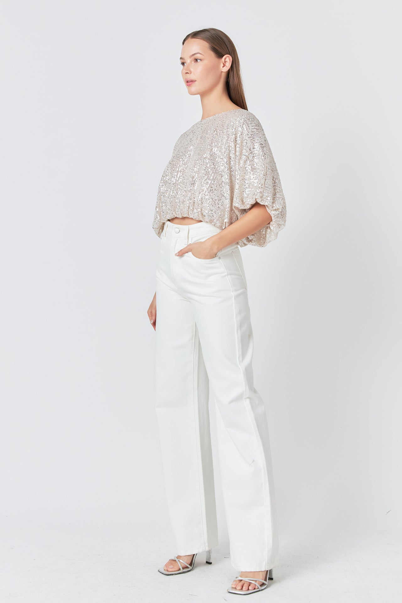 ENDLESS ROSE - Sequins Cropped Puff Top - TOPS available at Objectrare