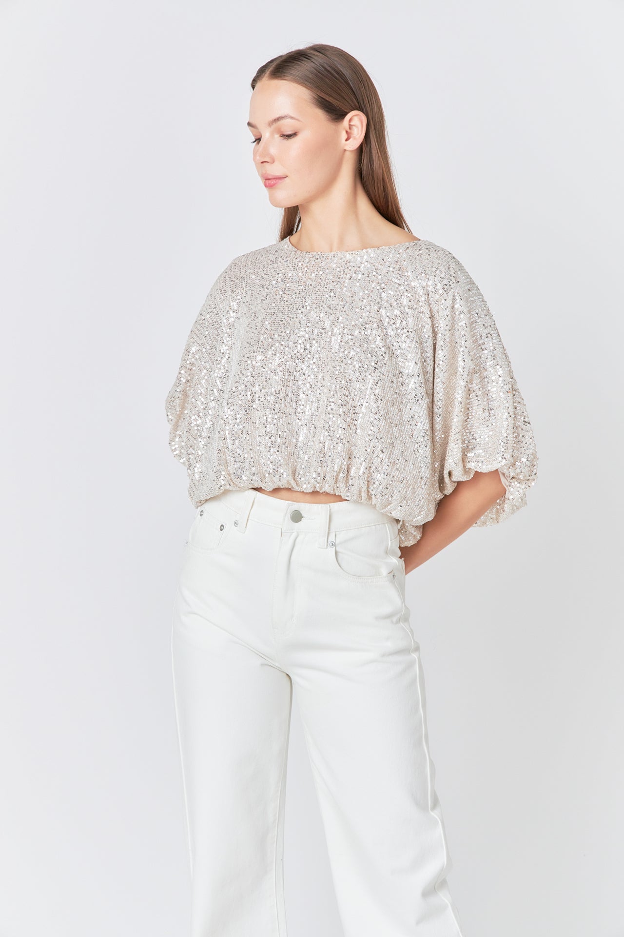 ENDLESS ROSE - Sequins Cropped Puff Top - TOPS available at Objectrare