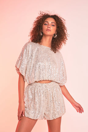 ENDLESS ROSE - Sequins Cropped Puff Top - TOPS available at Objectrare