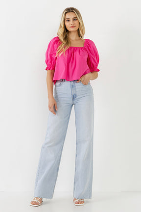 ENGLISH FACTORY - Square neckline Puff Sleeve Top - BLOUSES available at Objectrare
