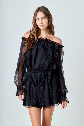 ENDLESS ROSE - Off the Shoulder Ruffled Romper - ROMPERS available at Objectrare