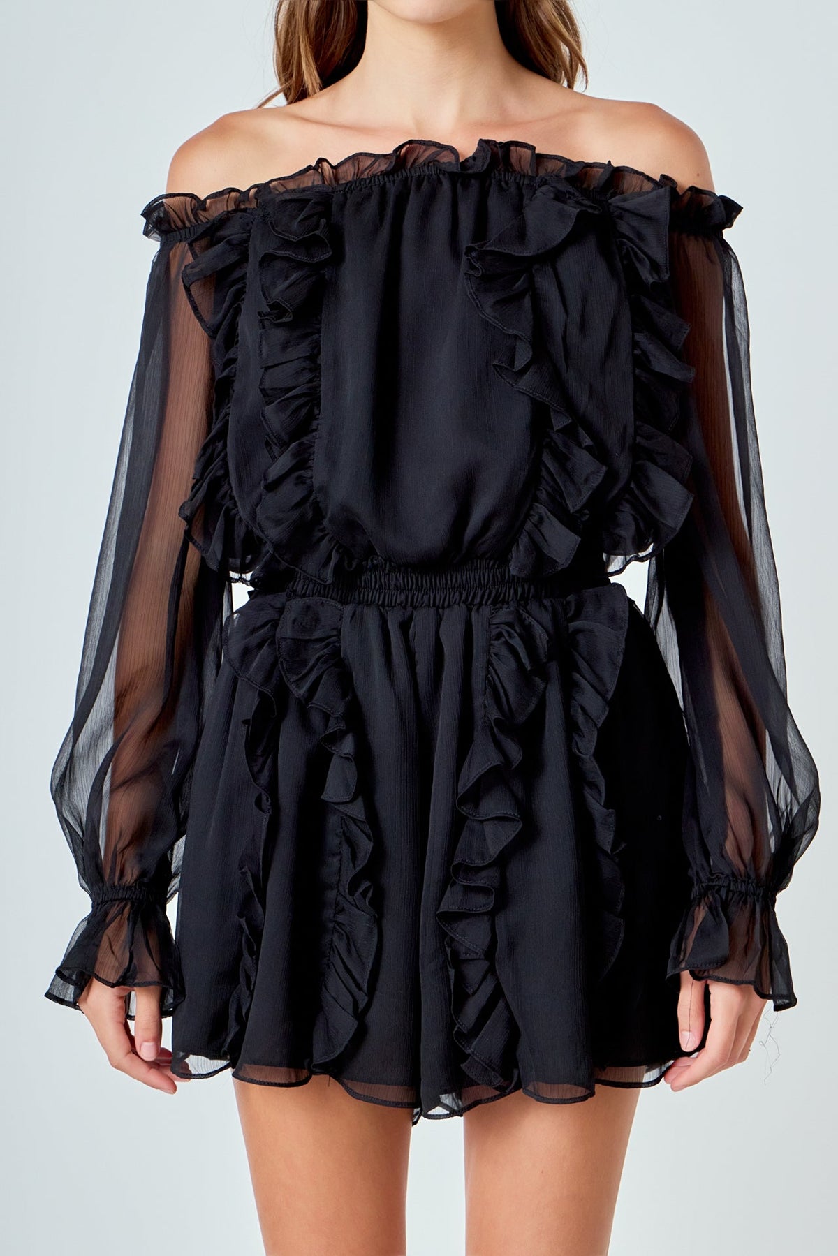 ENDLESS ROSE - Off the Shoulder Ruffled Romper - ROMPERS available at Objectrare