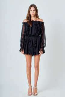 ENDLESS ROSE - Off the Shoulder Ruffled Romper - ROMPERS available at Objectrare