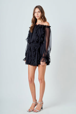 ENDLESS ROSE - Off the Shoulder Ruffled Romper - ROMPERS available at Objectrare