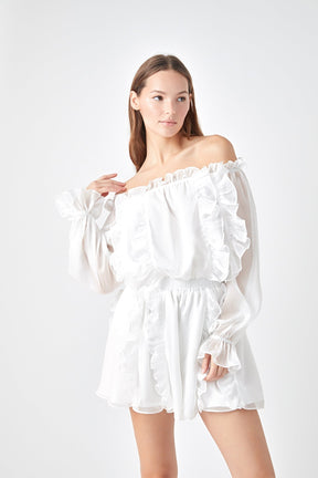 ENDLESS ROSE - Off the Shoulder Ruffled Romper - ROMPERS available at Objectrare