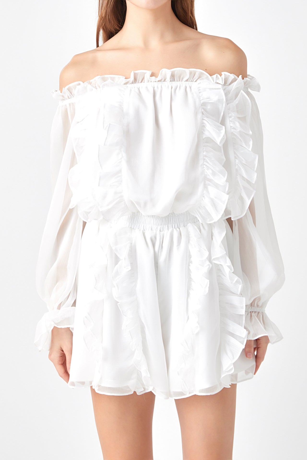 ENDLESS ROSE - Off the Shoulder Ruffled Romper - ROMPERS available at Objectrare