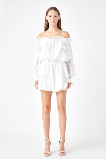 ENDLESS ROSE - Off the Shoulder Ruffled Romper - ROMPERS available at Objectrare