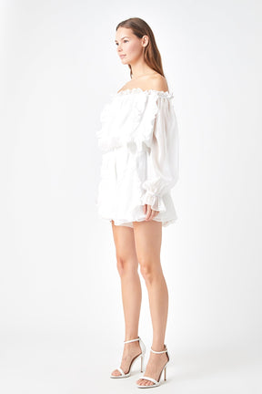 ENDLESS ROSE - Off the Shoulder Ruffled Romper - ROMPERS available at Objectrare
