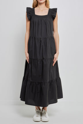 Square Neck Ruffle Detail Tiered Midi Dress
