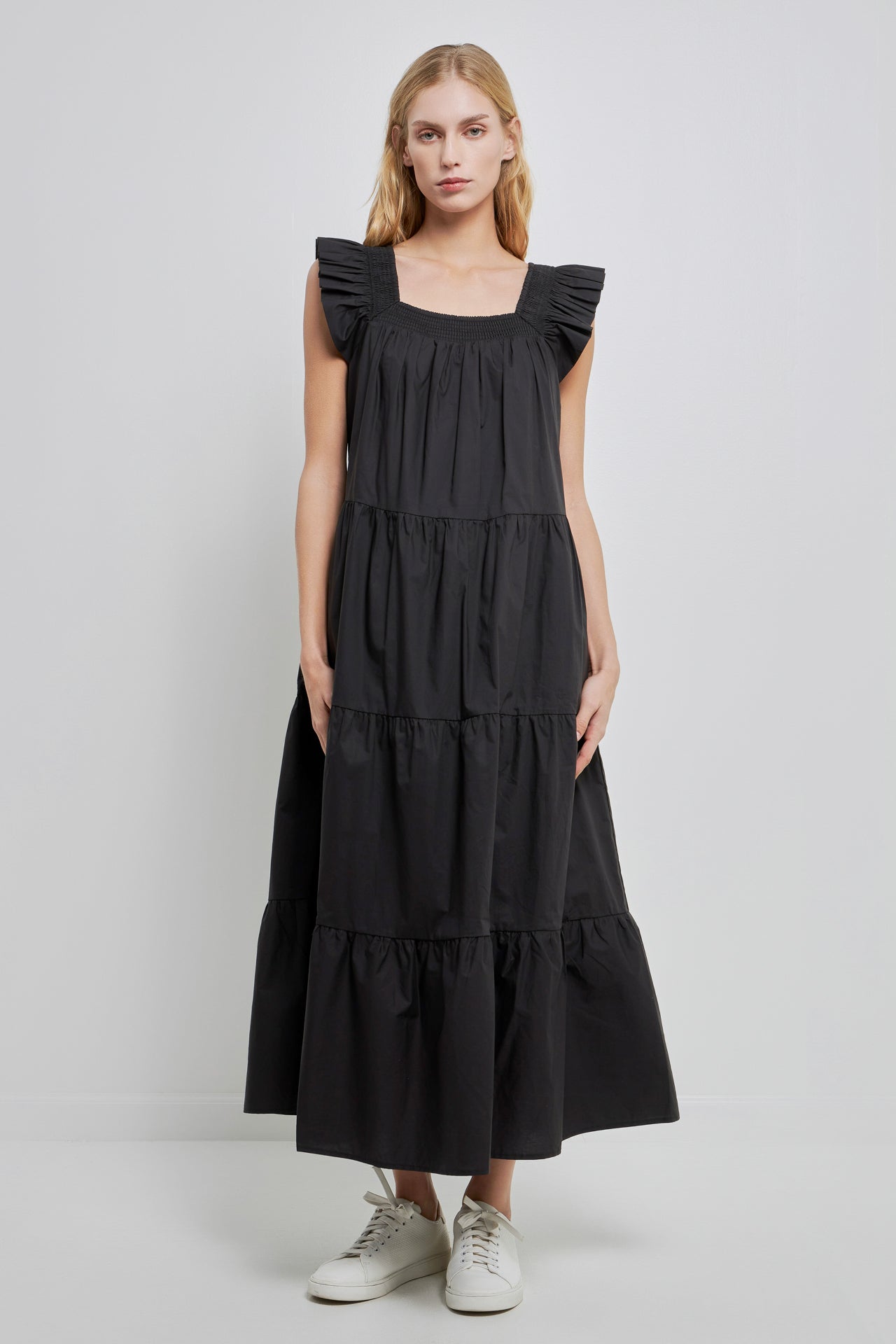 Square Neck Ruffle Detail Tiered Midi Dress