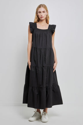 Square Neck Ruffle Detail Tiered Midi Dress