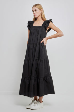 Square Neck Ruffle Detail Tiered Midi Dress