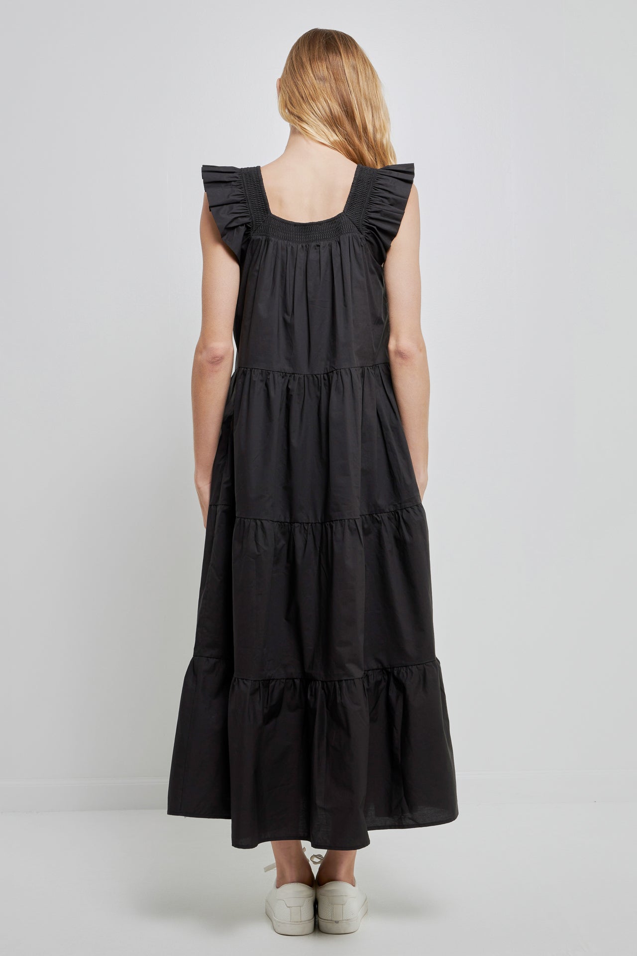 Square Neck Ruffle Detail Tiered Midi Dress