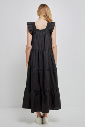 Square Neck Ruffle Detail Tiered Midi Dress