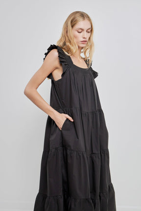 Square Neck Ruffle Detail Tiered Midi Dress