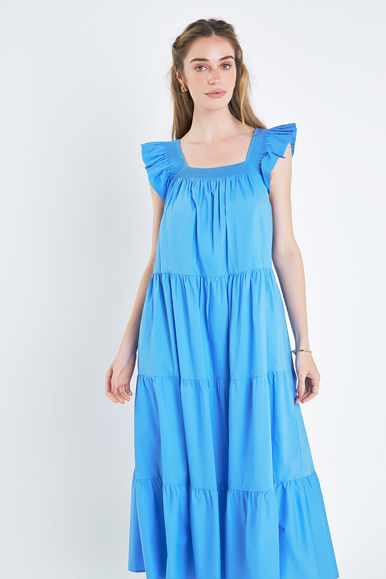 Square Neck Ruffle Detail Tiered Midi Dress