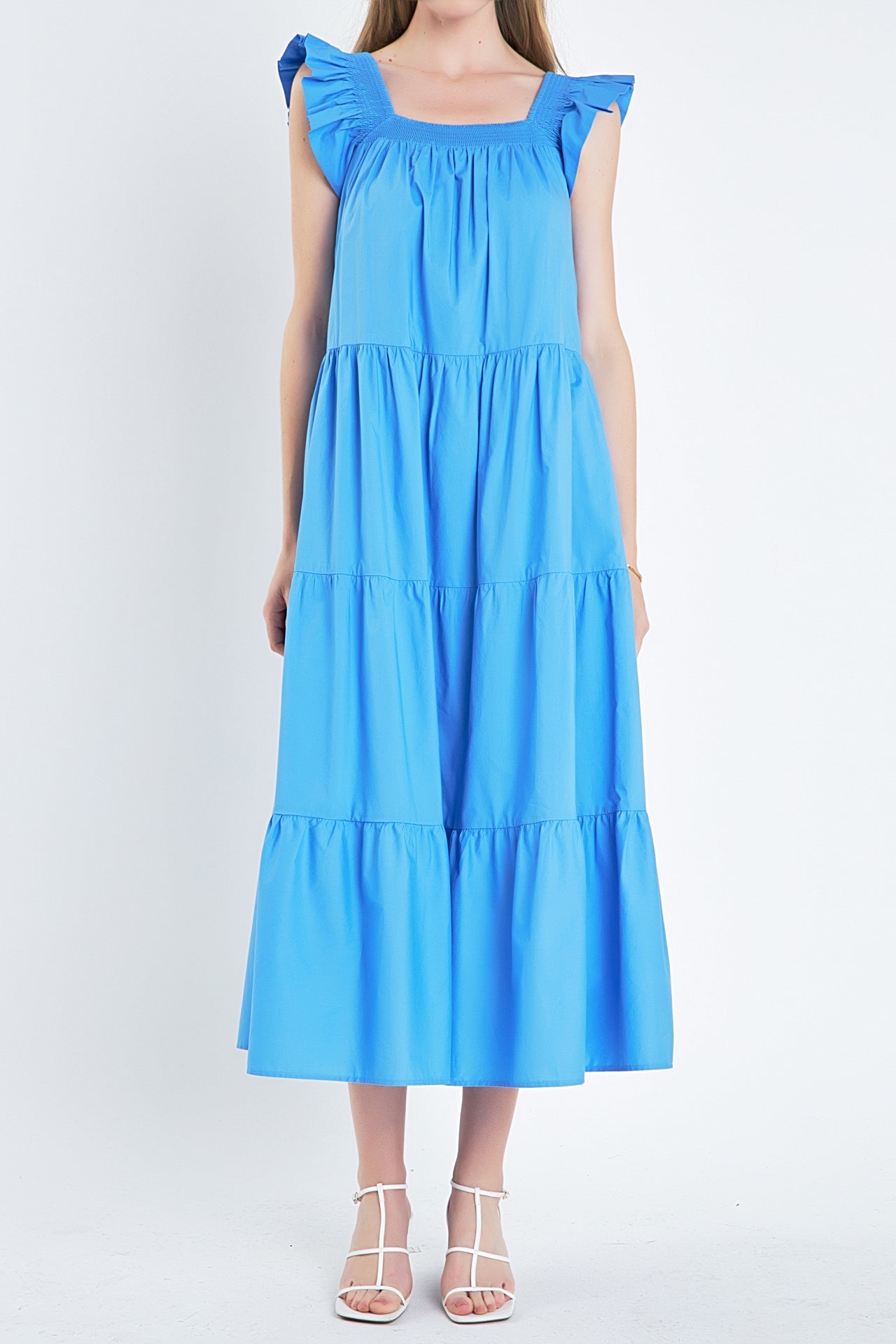 Square Neck Ruffle Detail Tiered Midi Dress