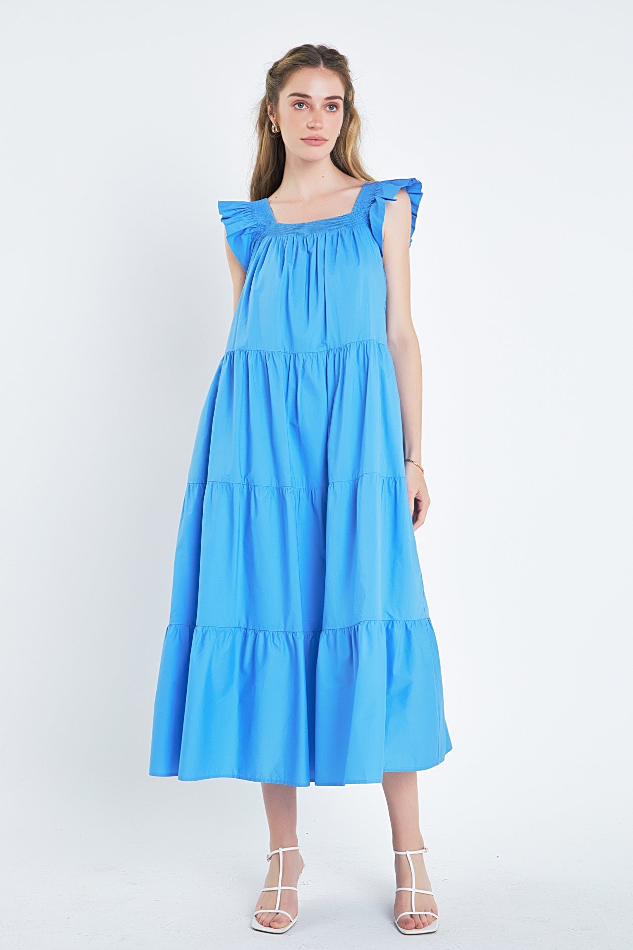 Square Neck Ruffle Detail Tiered Midi Dress