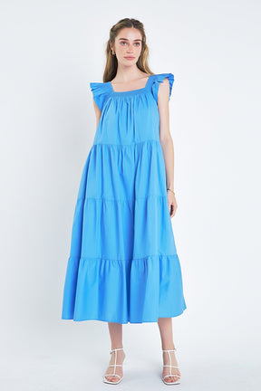 Square Neck Ruffle Detail Tiered Midi Dress