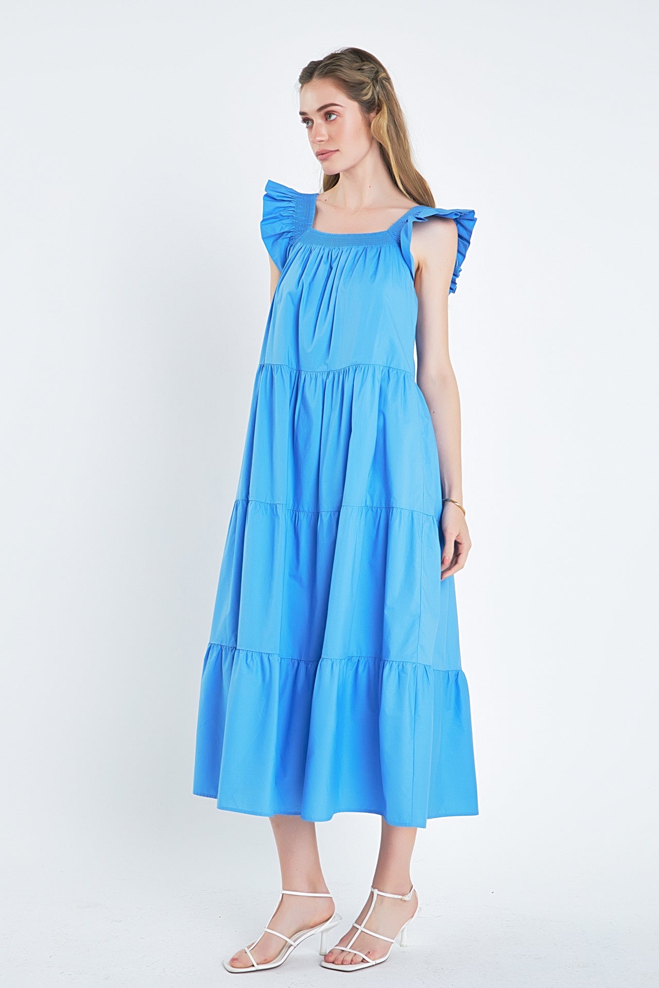 Square Neck Ruffle Detail Tiered Midi Dress