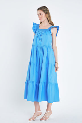 Square Neck Ruffle Detail Tiered Midi Dress