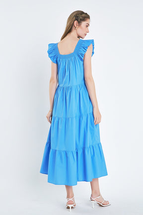 Square Neck Ruffle Detail Tiered Midi Dress