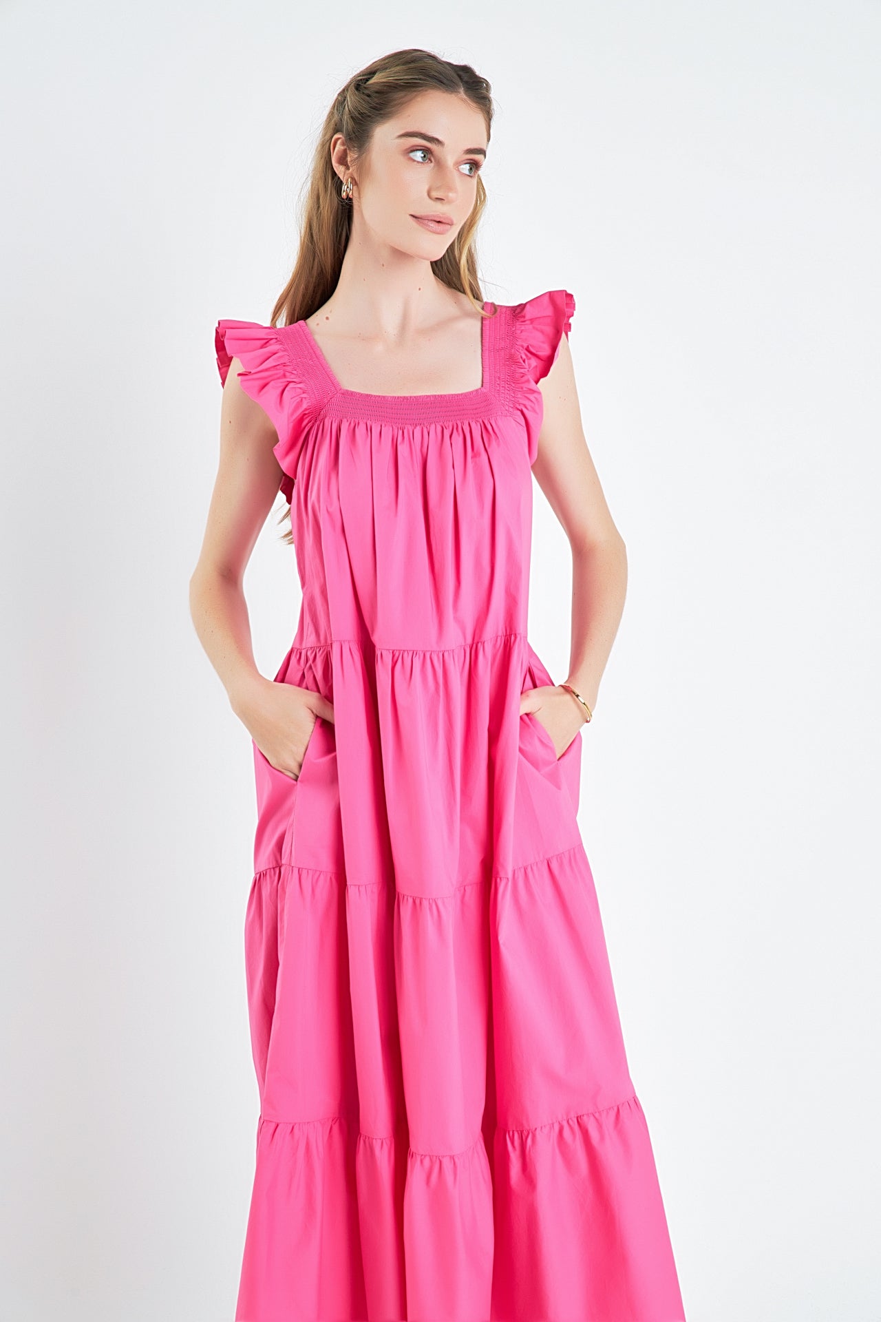 Square Neck Ruffle Detail Tiered Midi Dress