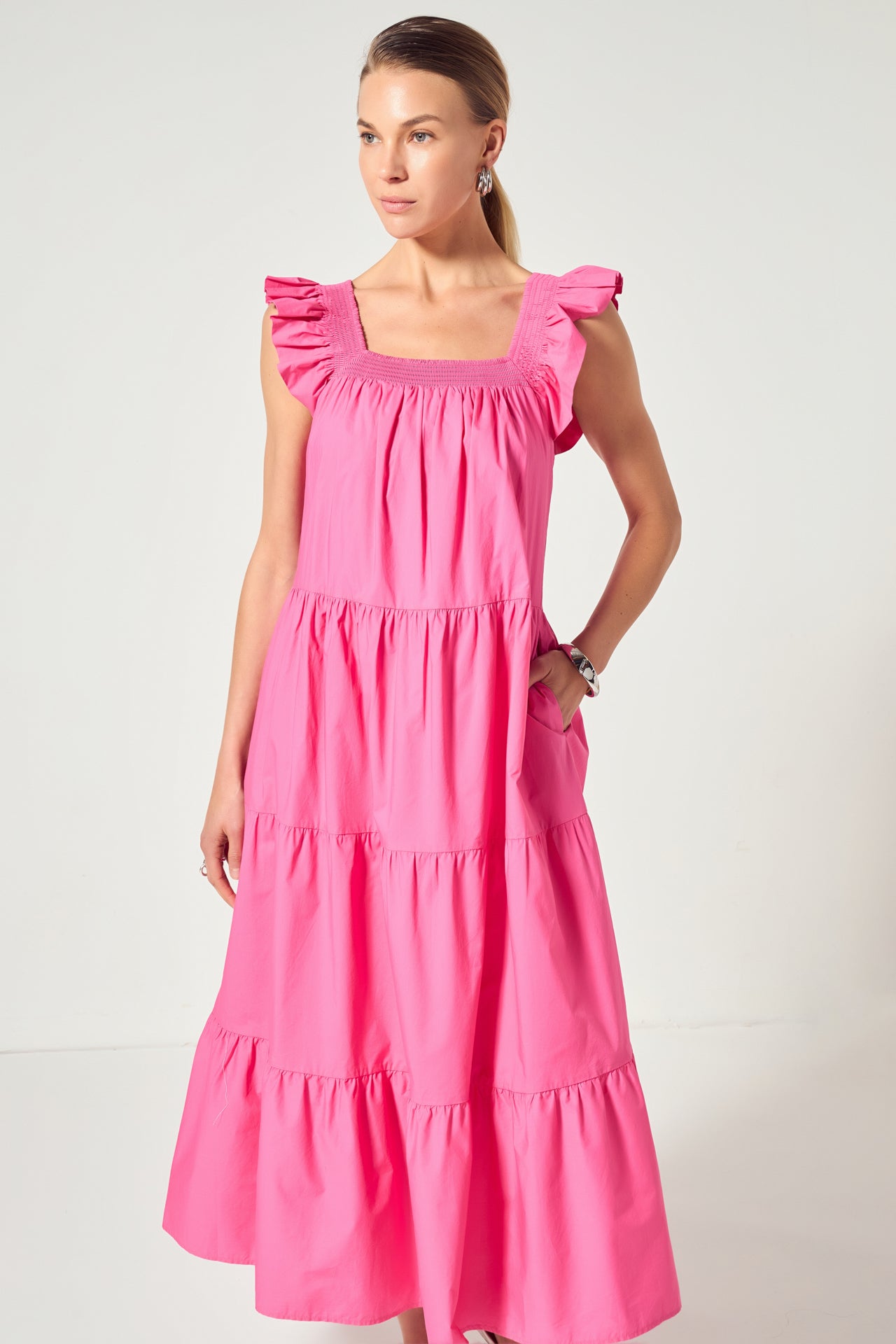 Square Neck Ruffle Detail Midi Dress