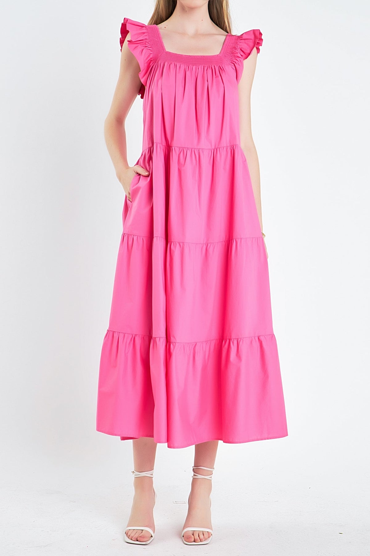 ENGLISH FACTORY - Square Neck Ruffle Detail Tiered Midi Dress - DRESSES available at Objectrare