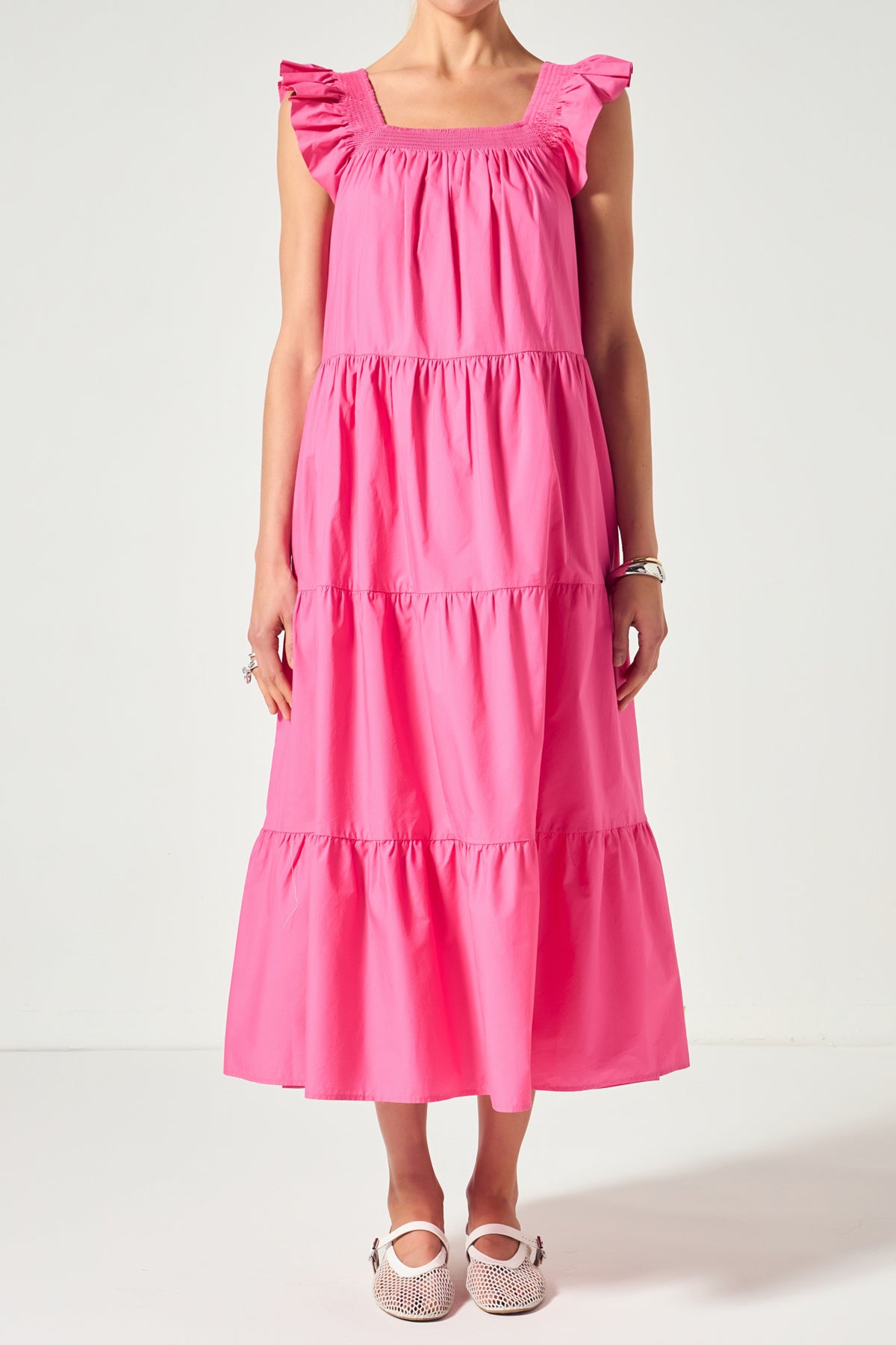 Square Neck Ruffle Detail Midi Dress