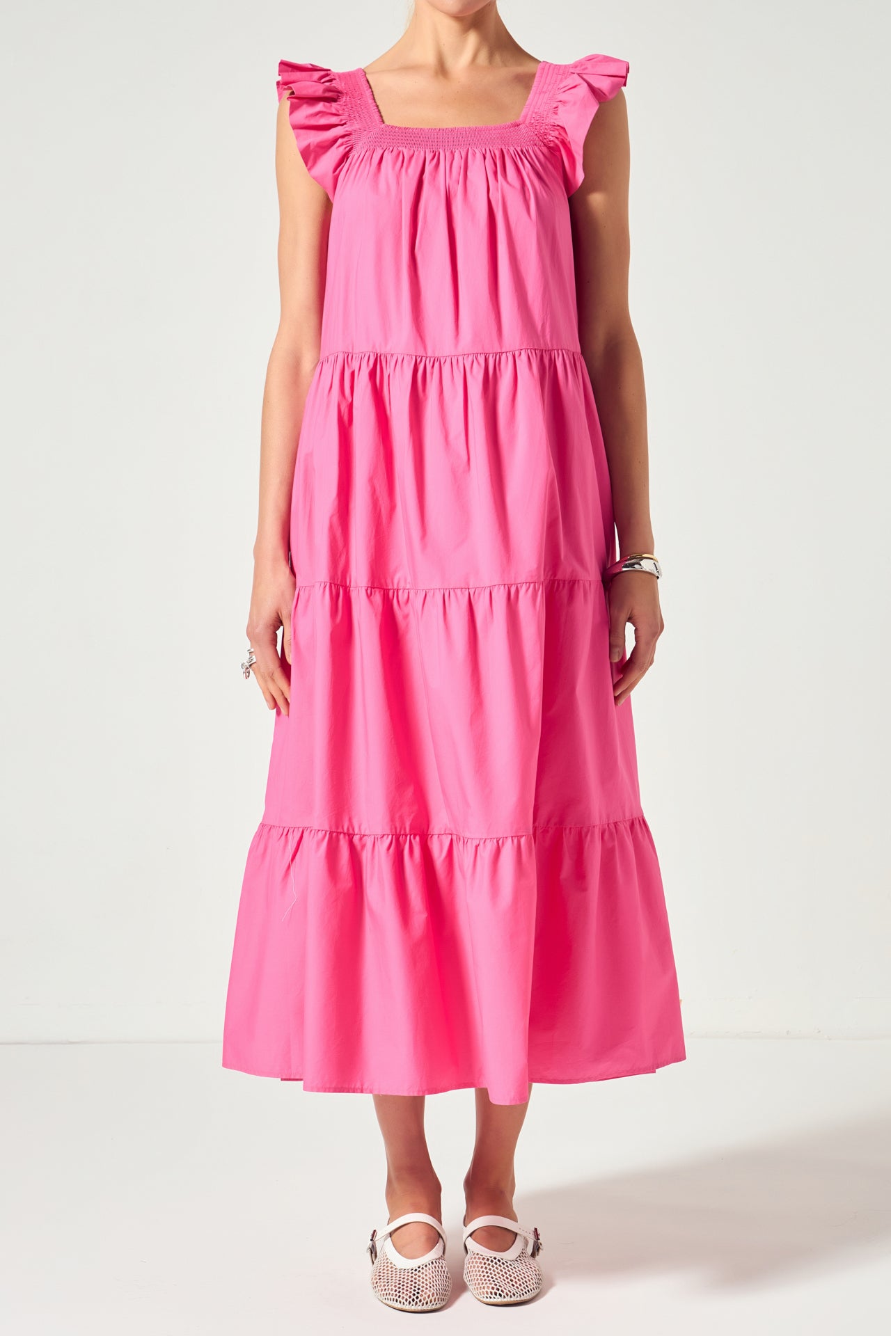 Square Neck Ruffle Detail Midi Dress