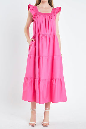 Square Neck Ruffle Detail Tiered Midi Dress