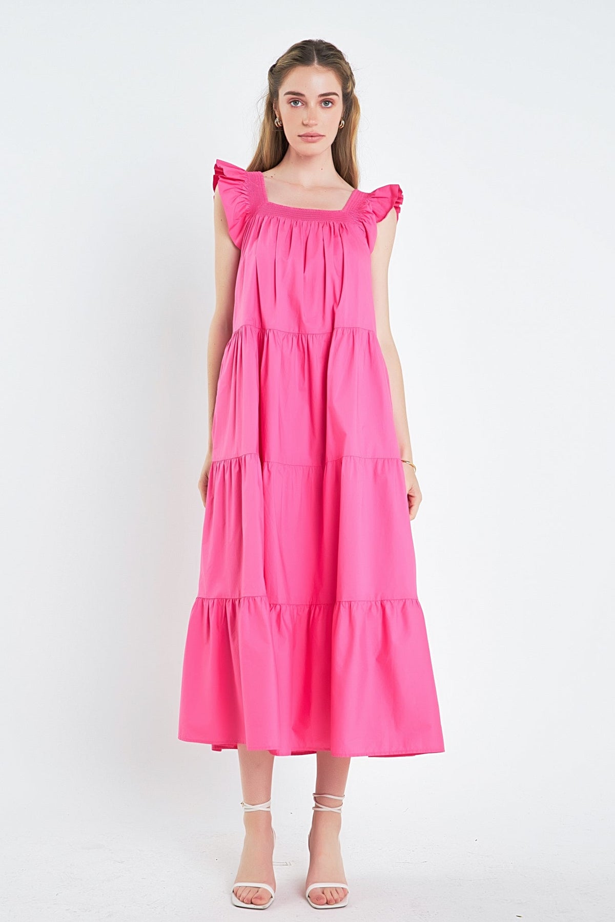 ENGLISH FACTORY - Square Neck Ruffle Detail Tiered Midi Dress - DRESSES available at Objectrare