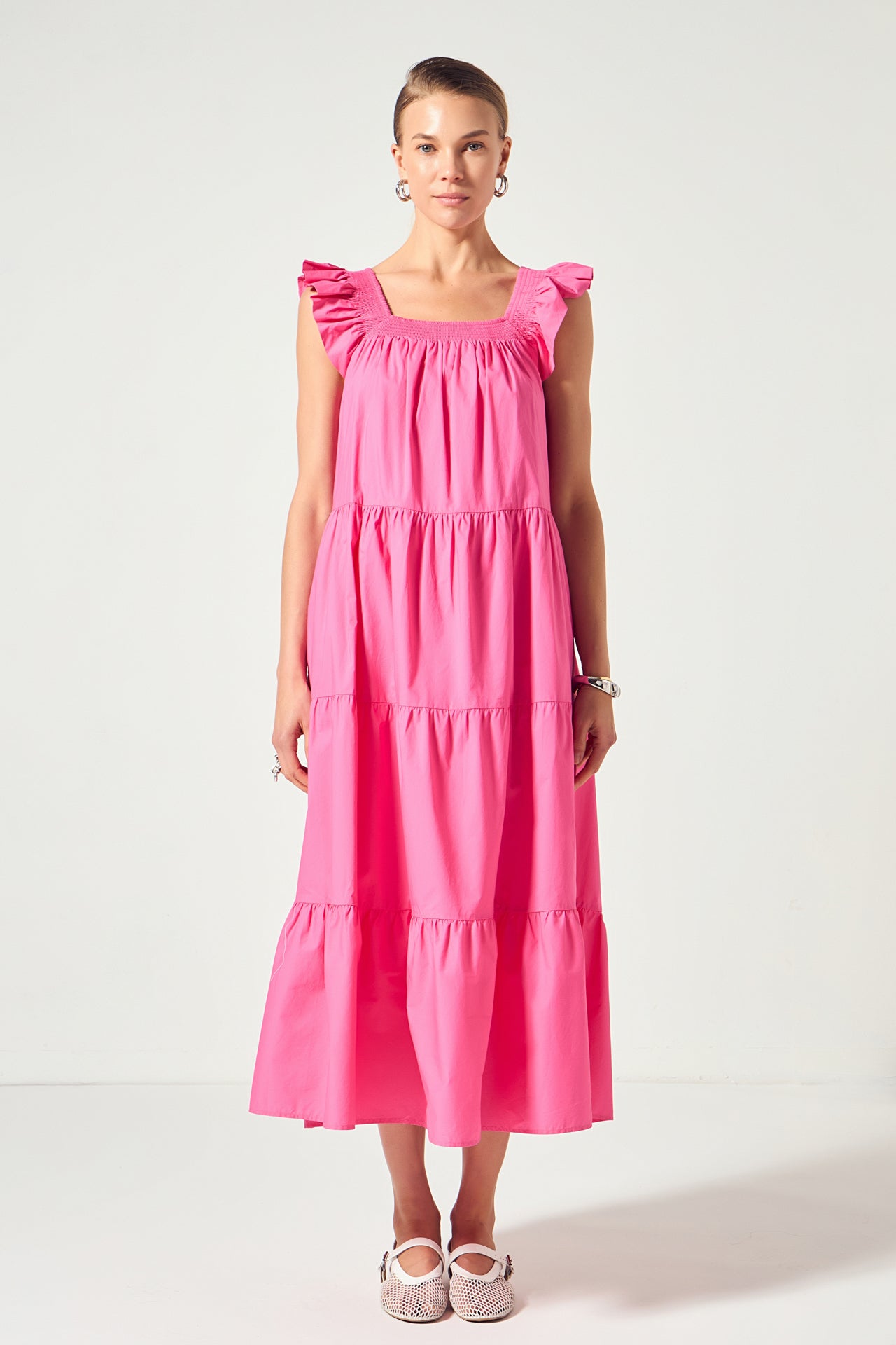 Square Neck Ruffle Detail Midi Dress