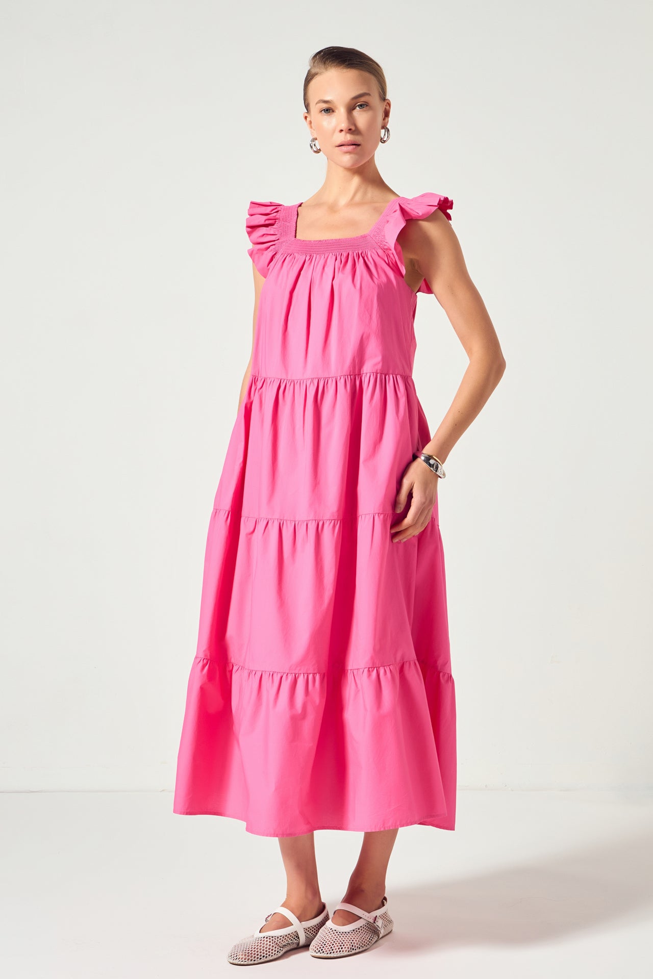 Square Neck Ruffle Detail Midi Dress